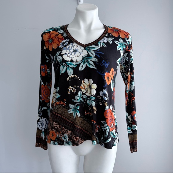 Johnny Was Golden Spring Floral Print Long Sleeve V-Neck Tee Top – Size S - Picture 8 of 15